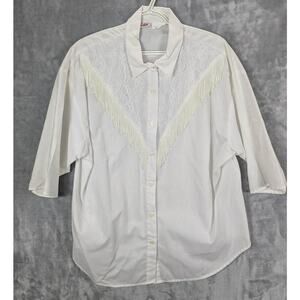 Vtg Jess Shirt Womens 20W White Western Lace Yoke Fringe Trim Half Sleeve Retro